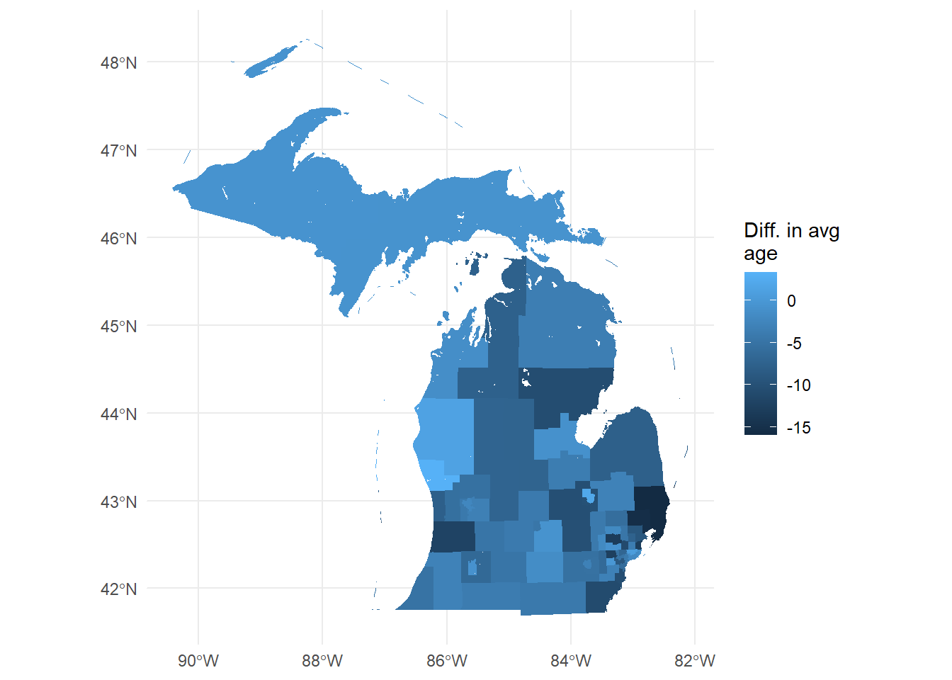 Map showing the difference in average age between US- and foreign-born poulation by PUMA.